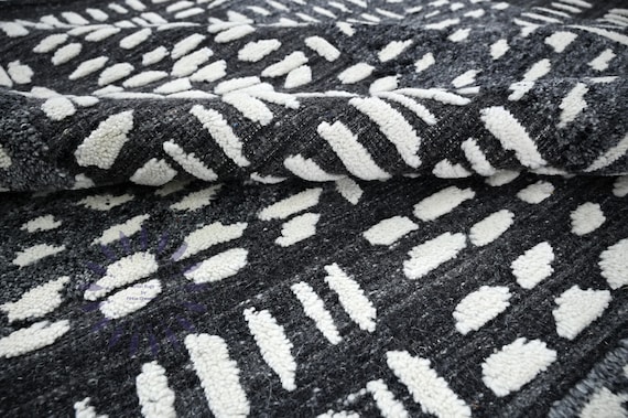 Black and White Abstract Rug, Modern Geometric Design, Hand-Knotted 9x12 Size Unique Rug, Living Room Rug, Bedroom Rug