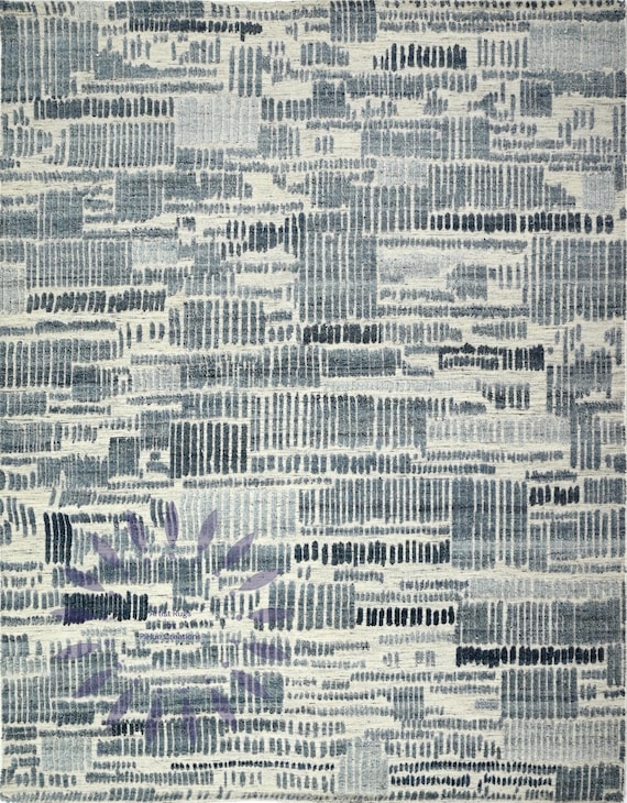 Hand-Knotted Abstract Gray and Blue Wool Rug – Modern Geometric Area Rug for Living Room, Bedroom, or Office Decor