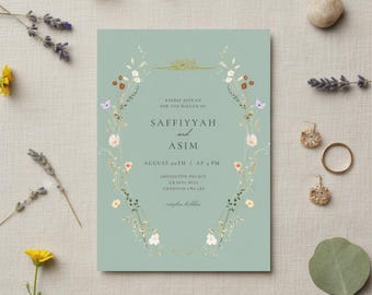 Edytowalny szablon zaproszenia na Nikkah | Islamskie zaproszenie na ślub | Pobierz cyfrową wersję Canva | Letni ślub w stylu Sage