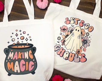 Halloween Tote Bags | Boho Halloween Bags | Lets GO Ghouls | Making Magic | Halloween Vibes | Halloween Candy Bags | Spooky Vibes