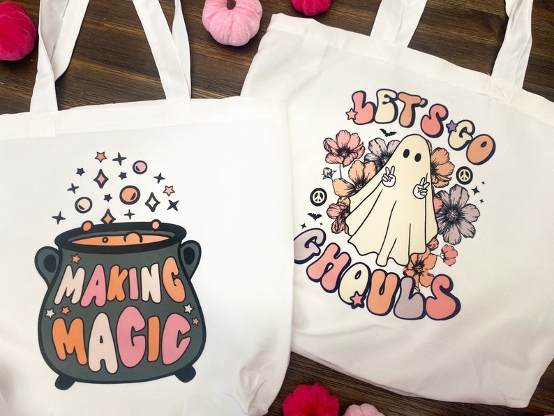 Halloween Tote Bags | Boho Halloween Bags | Lets GO Ghouls | Making Magic | Halloween Vibes | Halloween Candy Bags | Spooky Vibes image 1