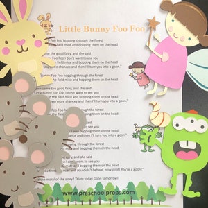 May include: A printable craft activity for kids featuring a story about a bunny named Foo Foo who hops through the forest and bopps field mice on the head. The story includes a fairy and a green monster. The text reads "Little Bunny Foo Foo hopping through the forest..."