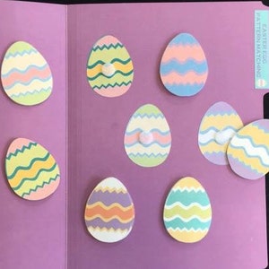 May include: A set of eight colorful Easter egg-shaped pieces with different patterns for a pattern matching game. The game is labeled "Easter Egg Pattern Matching".