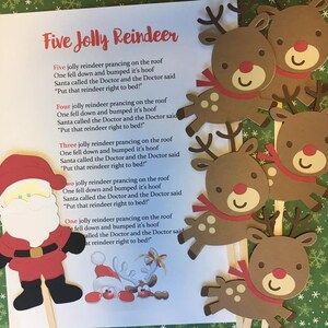 Peut inclure: Une activité de bricolage imprimable pour les enfants mettant en scène un chant de Noël sur cinq rennes joyeux. Le chant est imprimé sur une feuille de papier blanche avec un fond vert. L'image comprend également cinq découpes de rennes en papier, chacune avec un schéma de couleurs différent. Les rennes sont bruns, rouges et blancs. Les rennes sont tous tournés vers le côté droit de l'image. Les rennes tiennent tous un bâton dans leur bouche. Les rennes portent tous une écharpe rouge. Les rennes sourient tous.