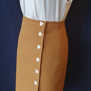 lindy hop skirt - camel_side buttoned_pencil skirt & vintage off-white triangle buttons