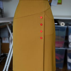lindy hop skirt - camel side buttoned pencil skirt with a pocket & red vintage buttons