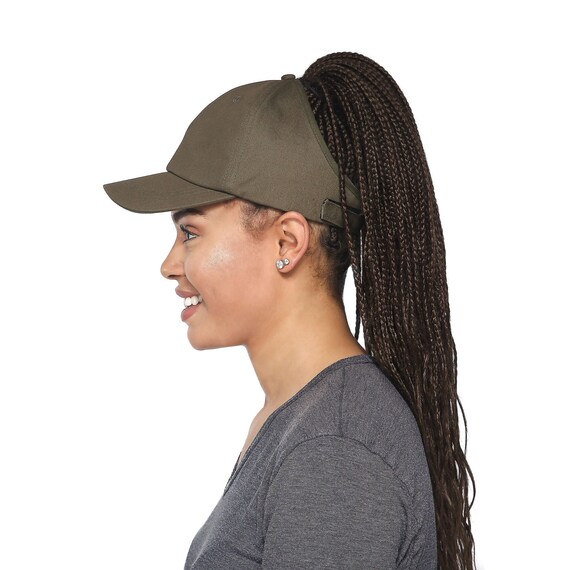 Olive Green Satin-Lined High Ponytail Backless Cap with New Tangle Free Velcro Closure