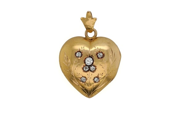 Victorian Gold Heart Locket, Antique Diamond Engra