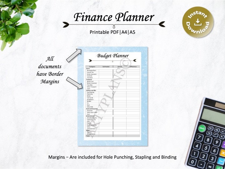 FINANCE PLANNER, Budget Planner and Tracker, Printable, PDF Format, 6 ...