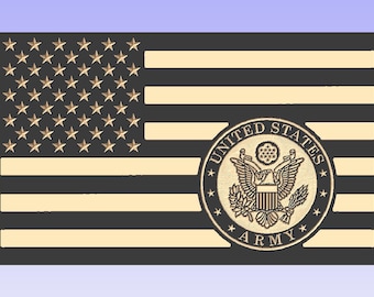 May include: A black and white American flag with a gold seal in the center. The seal has the words "United States Army" around the outside. The flag is made of wood and has a distressed look.