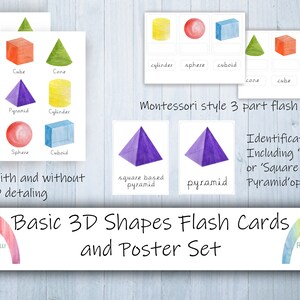 Basic 3D shapes Set - Flash Cards - 3 Part Cards - Poster