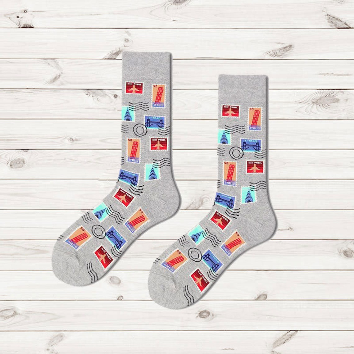 Travel Men Socks Fun Mens Dress Socks Postage Stamp Socks Etsy