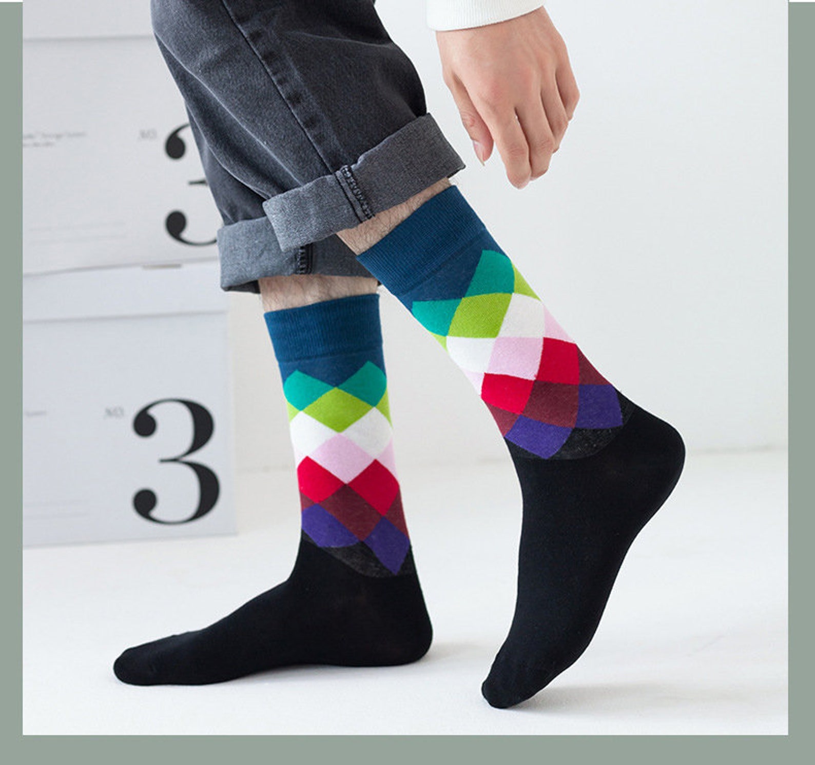 Mens Socks Fun Mens Dress Socks Diamond Pattern Socks Groomsmen Socks