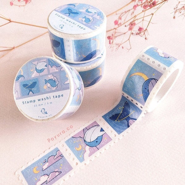 Whale Stamp Washi Tape - Aesthetic Japanese Journal Planner Toploader Deco - Cute Dreamy Sky Cloud Post Mail - Kawaii Korean Stationery