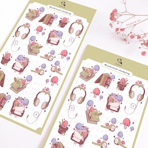 Feuille d’autocollants d’étude de champignons, Cottagecore Fall Autumn Deco, Aesthetic Library Book Reading Journal Stationery, Japon coréen Kpop Polco