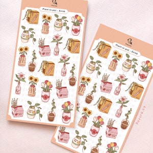 Foglio di adesivi per bevande Plant In Pot, cibo asiatico Bubble Tea Boba Strawberry Milk, giglio girasole tulipano, Giappone coreano Polco Deco Planner Journal