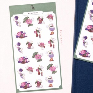 Feuille d’autocollants de fleur de lotus, déco de thé à carillon à vent oriental asiatique, floral de nénuphar esthétique, mignon Bujo Journal Planner Japon papeterie