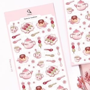 Sakura Teatime Sticker Sheet, Cherry Blossom School Desk Washi Tape, Kpop Polco Deco Journal Planner