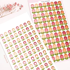 Hoja de pegatinas del alfabeto de tulipán rosa, pequeña carta ABC primavera flor ramo campo deco, mini Kpop Polco Toploader Journal Planner papelería