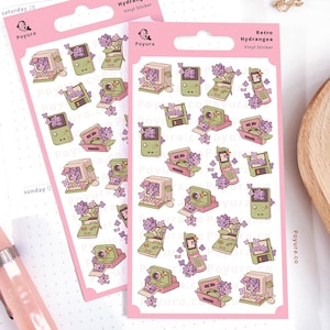 Hoja de pegatinas de hortensias retro, decoración floral de primavera, tecnología para consolas de videojuegos y PC, vinilo para botellas de agua portátiles, agenda fotográfica Polco, agenda Bujo