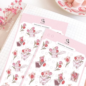 Hoja de pegatinas para sobres de San Valentín - Sello de carta de amor con tulipanes - Decoración de correo - Polco de flores de primavera - Planificador Bujo de diario Kpop coreano