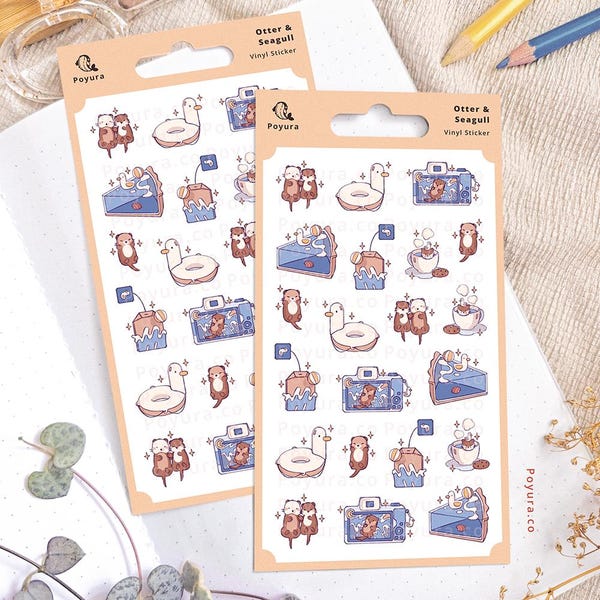 Otter Seagull Sticker Sheet, Summer Sea Beach Ocean, Pool Water Duck Floaty, Cake Tea Cafe Food Deco, Junk Journal Planner Penpal Scrapbook