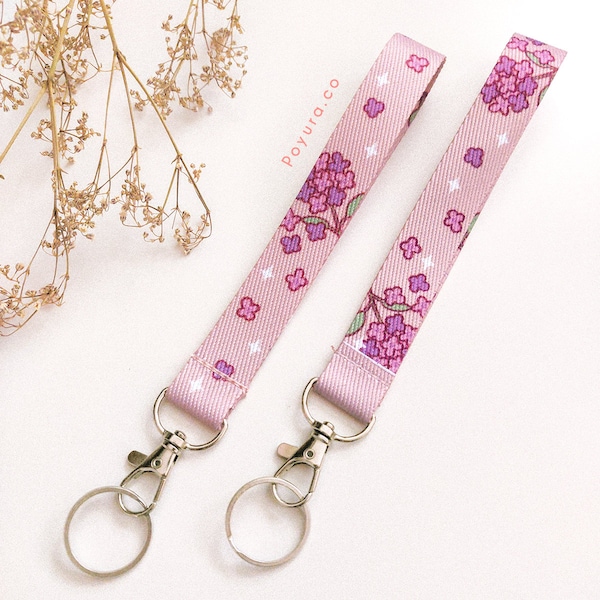 Hydrangea Wristlet Keychain - Spring Flower Short Lanyard - Valentine Floral Keyring Charm - Coin Pouch Bag Namebadge Card Key Accessory