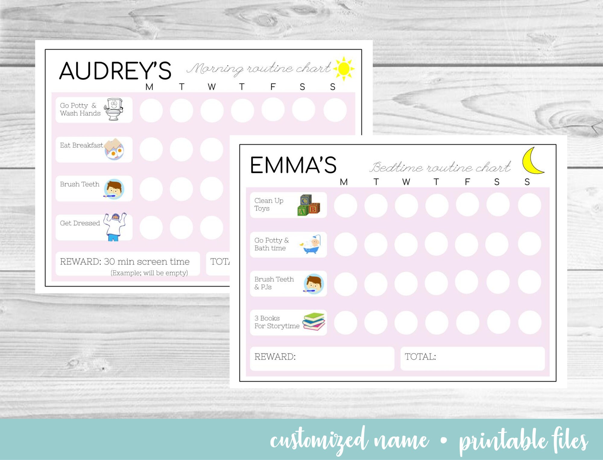 Girl Routine Chart With Custom Name - 2 Pages - Day & Night - Etsy