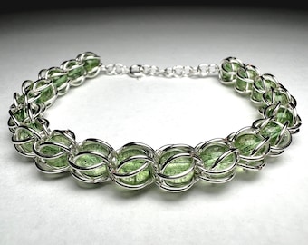 Green Captured Bead Bracelet - Engagement Wedding Daily Anniversary Cute Green Gemstone Captured Bead Style Bracelet With Toggle Closure