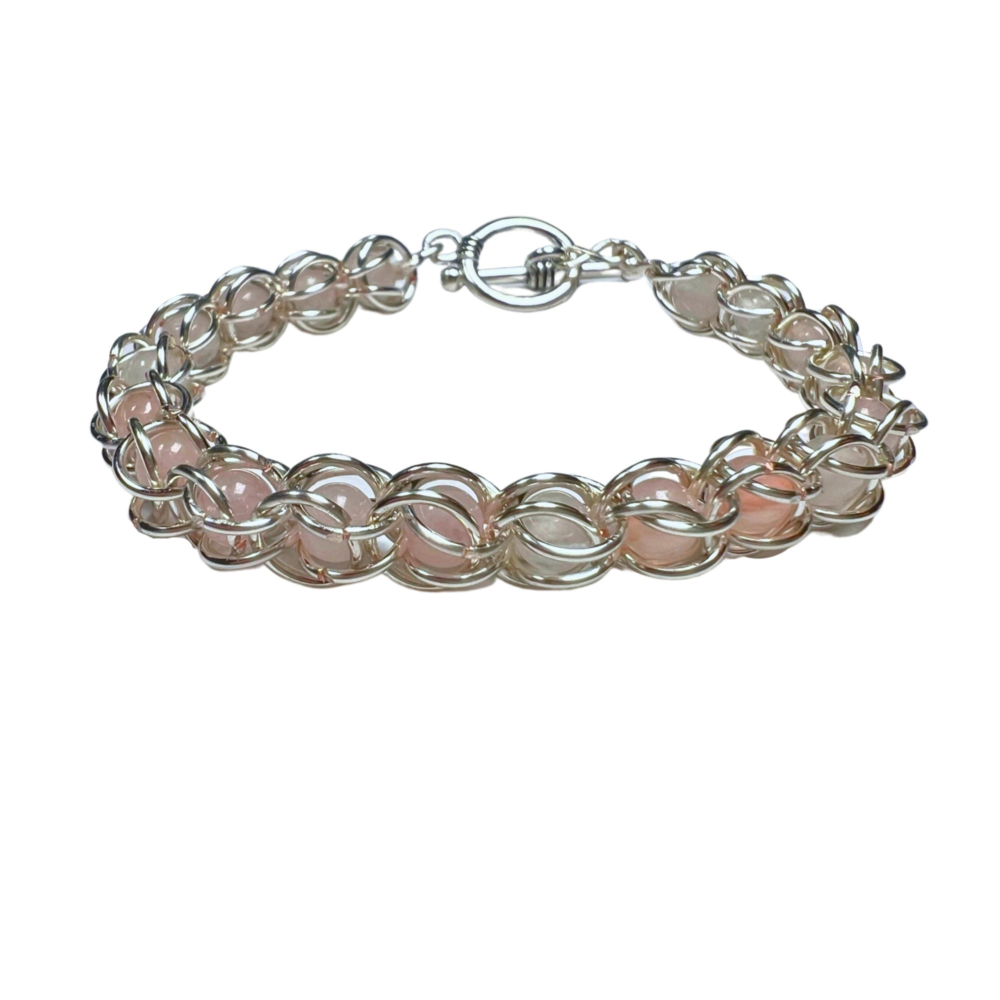 Chainmail Rose Quartz Captured Bead Bracelet Silver Plated Wire Wrapped Rings Caged Pink Bead Jewelry Dainty Rose Quartz Elegant Crystals