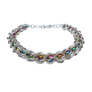 Chainmail Bracelet: Rainbow Hematite Beads, Silver Wire-Wrapped Jewelry