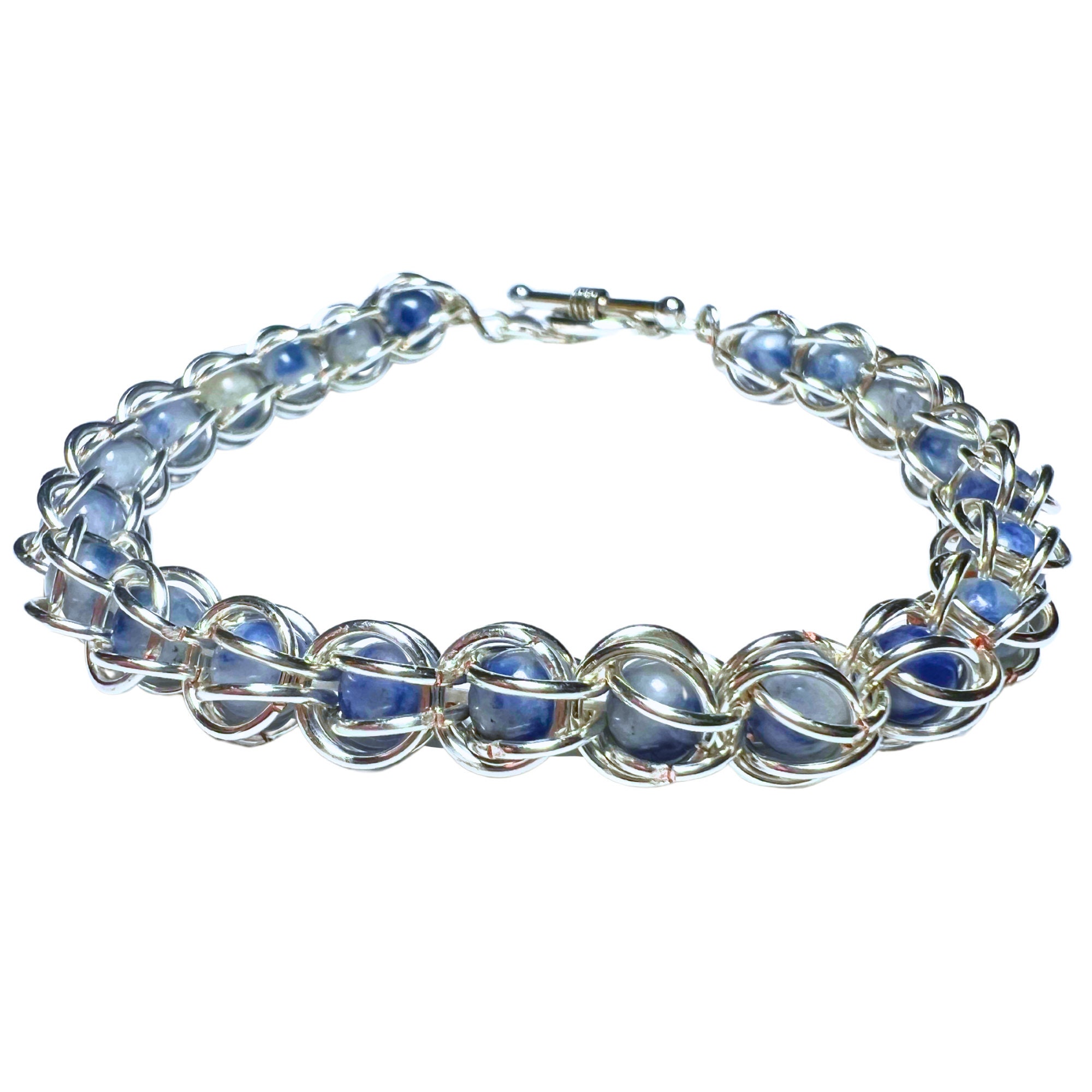 Chainmail Sodalite Captured Bead Bracelet Sterling Silver Plated Wire Wrapped Sodalite Gemstone Bead Bracelet Elegant Gemstone Crystals