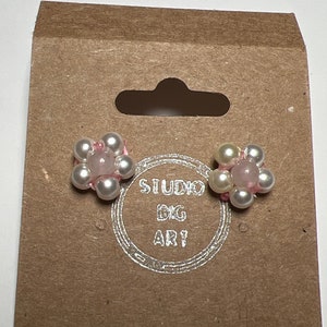 Pearl and Rose Quartz Flower Stud Earrings - Shiny Cute Dainty Pearl and Pink Rose Quartz Beaded Flower Stud Earrings Strung and Glued