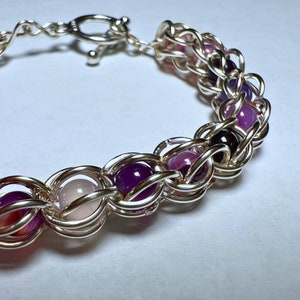 Chainmail Purple Striped Agate Captured Bead Bracelet Sterling Silver Plated Wire Wrapped Purple Agate Gemstone Caged Bead Elegant Jewelry