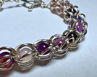 Chainmail Purple Striped Agate Captured Bead Bracelet Sterling Silver Plated Wire Wrapped Purple Agate Gemstone Caged Bead Elegant Jewelry