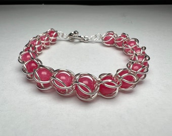 Pink Agate Captured Bead Bracelet - Engagement Wedding Daily Anniversary Cute Pink Gemstone Captured Bead Style Bracelet With Toggle Closure