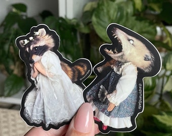 sticker BUNDLE of 2 | praying raccoon | angry opossum | oddity | raccoon sticker | oddities | waterproof sticker | weird stickers | funny