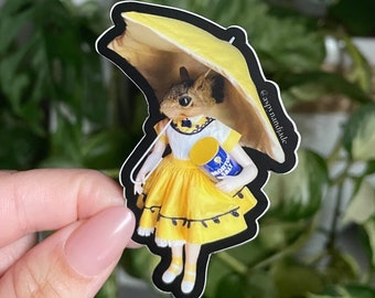 sticker- morton salt squirrel | oddity sticker | weird taxidermy | oddities | waterproof | weird | doll | funny