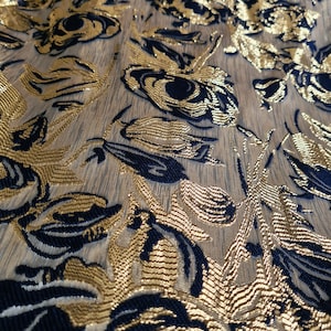 Blue Gold Brocade Damask Luxury Metallic Thread Fabric, Floral Jacquard Dress Fabric, Damask Dress making, Brocade Upholstery, Arts & Craft