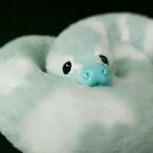 May include: A plush snake toy featuring soft, faux fur in alternating bands of mint green and white. The creature has a smooth, glossy, bright turquoise snout and two large, round, black eyes positioned centrally on its coiled, fuzzy body.