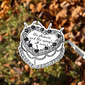 the pleasure and the agony’s all mine decorated vintage heart cake sticker or magnet