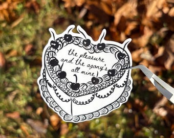 the pleasure and the agony’s all mine decorated vintage heart cake sticker or magnet