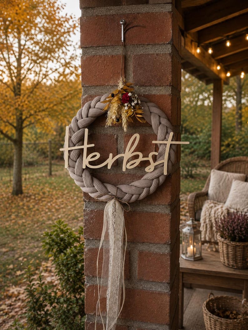 May include: A circular wreath made of braided beige fabric featuring a wooden cutout script that reads "Herbst" across the centre. The top is decorated with dried yellow and red flowers, and the bottom features hanging cream-coloured lace ribbons.