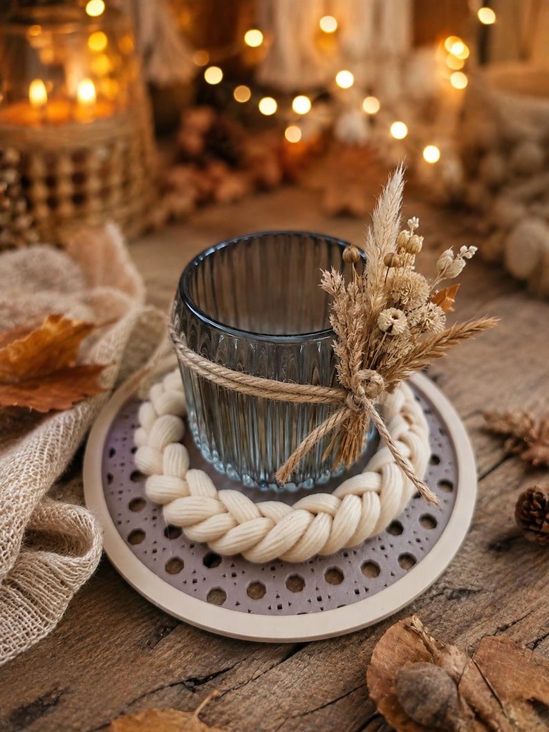 May include: A ribbed dark blue glass candle holder wrapped in twine with a small bouquet of dried beige grasses and flowers. The holder sits inside a thick, braided cream-coloured yarn ring on a circular beige base with a perforated pattern.