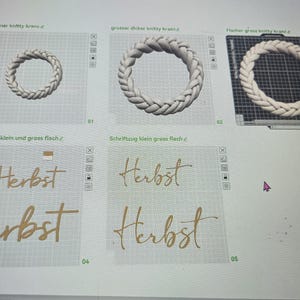 May include: A digital display showing three white braided circular wreaths of varying sizes and two sets of the word "Herbst" in a gold script font, presented in a grid layout with numbered labels 01 through 05 on a light grey background.