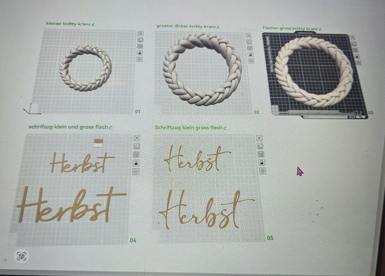 May include: A digital display showing three white braided circular wreaths of varying sizes and two sets of the word "Herbst" in a gold script font, presented in a grid layout with numbered labels 01 through 05 on a light grey background.