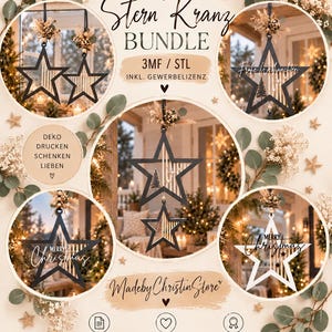 May include: A digital bundle of star-shaped ornaments featuring the text Stern Kranz, Merry Christmas, and Frohe Weihnachten. The designs include black and white star frames with internal tree silhouettes, hanging loops, and dried floral accents.