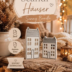 Könnte beinhalten: Zwei weiße, hausförmige Keramikstrukturen mit schwarzen Umrandungen, die rechteckige Fenster und Türen aufweisen. Das Bild enthält den Text Scandi Häuser, Sunny Bundle, 3mf, Stl digitale datei, SOFORT DOWNLOAD und MadebyChristinStore.