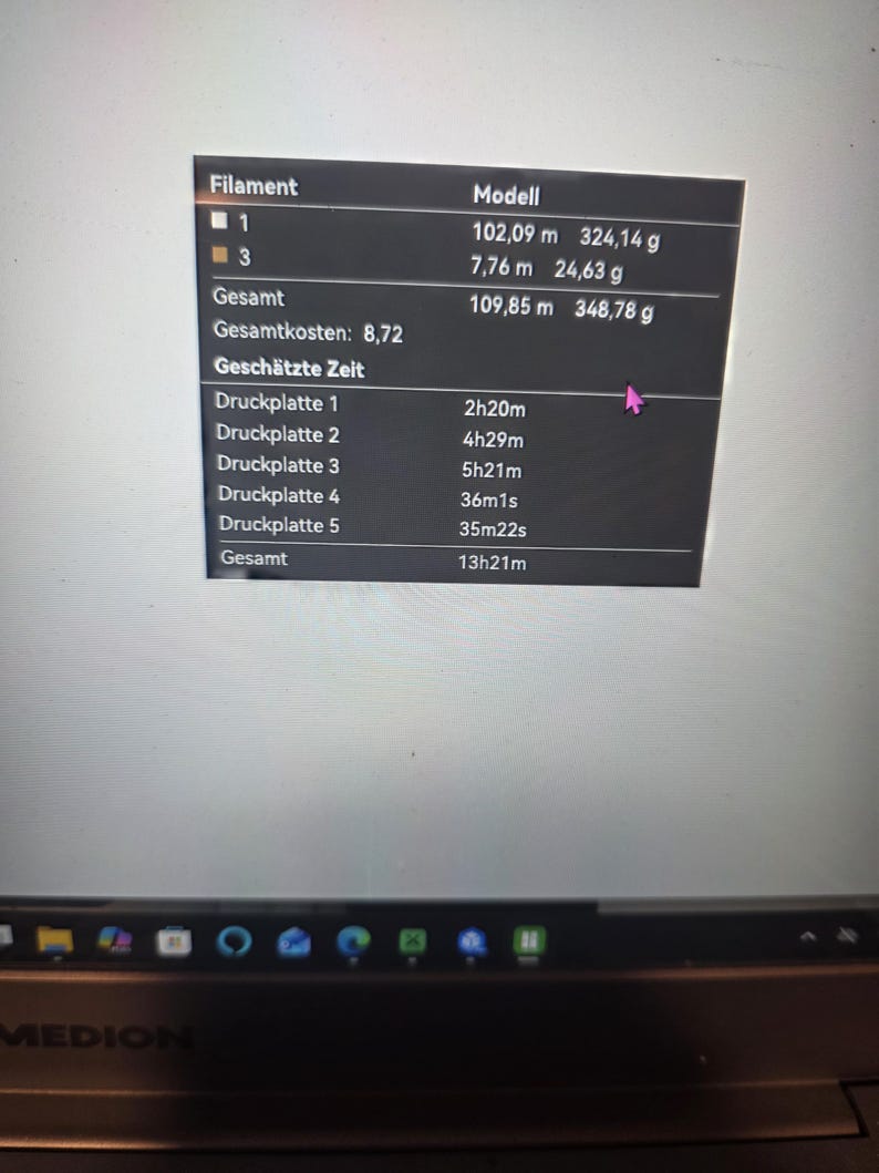 May include: A digital screen display showing 3D printing software data. The table lists filament usage of 109.85 m and 348.78 g, a total cost of 8.72, and an estimated total print time of 13h21m across five print plates with individual durations.