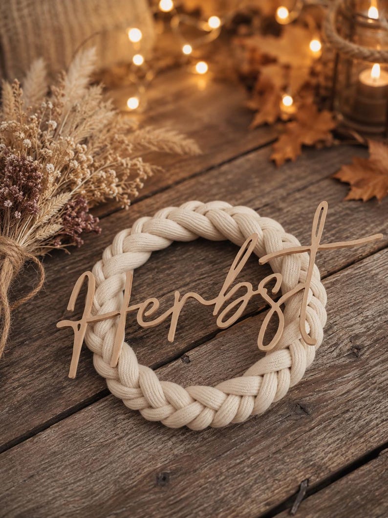 May include: A circular wreath made of thick, braided cream-coloured fabric cord. A light brown wooden cutout script word "Herbst" is attached across the centre of the braided ring, featuring a cursive font style with a long, extended crossbar.